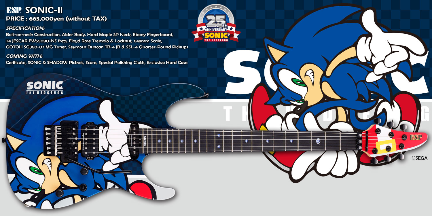 ESP SONIC-II PRICE : 665,000yen (without TAX) SPECIFICATION:Bolt-on-neck Construction, Alder Body, Hard Maple 3P Neck, Ebony Fingerboard, 24 JESCAR FW55090-NS frets, Foyd Rose Tremolo & Locknut, 648mm Scale, GOTOH SG360-07 MG Tuner, Seymour Duncan TB-4 JB & SSL-4 Quater-Pound Pickups COMING WITH:Cerificate, SONIC & SHADOW Pickset, Score, Special Polishing Cloth, Exclusive Hard Case